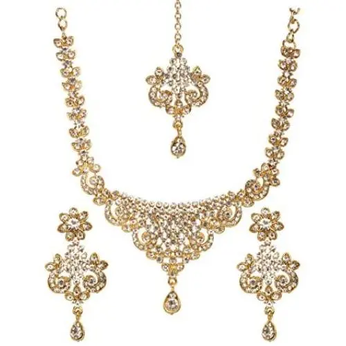 Bindhani Womens Indian Style Jewelry Bridal Wedding Crafted Brides Fashion Gold Plated Austrian Crystal Rhinestone Necklace Earrings Tikka Bollywood Party Wear Jewellery Tika Set for Bridemaids