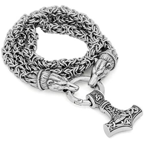 GuoShuang Men Stainless Steel Bear Head Norse Viking Amulet Pendant Necklace Handmade Chain