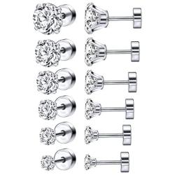 6 Pairs Shiny Round Cubic Zirconia Surgical Steel Stud Earrings Tragus Helix Conch Piercing Cartilage Sets