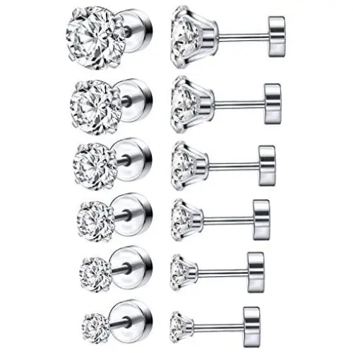 6 Pairs Shiny Round Cubic Zirconia Surgical Steel Stud Earrings Tragus Helix Conch Piercing Cartilage Sets