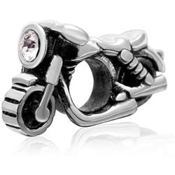 Motorcycle Charm - Authentic 925 Sterling Silver CZ Stone Beads - Fit DIY Charms