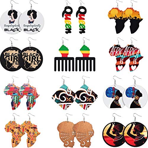 12 Pairs African Map Wooden Earrings African Women Dangle Earrings Natural Ethnic Earrings