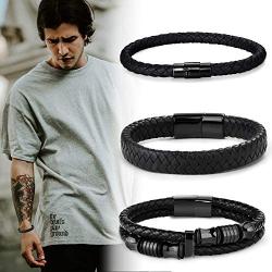 FIBO STEEL 3 PCS Magnetic-Clasp Leather Bracelets for Men Wrap Braided Leather Bracelets Wrist Cuff Bangle 8.0-8.5 Inch