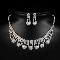 PLMM Collection Drop Pearls Necklace Earrings Set Rhinestones Elegant Classic Wedding Bridesmaid Bride Bridal