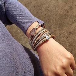 Leather Wrap Bracelet for Women - Handmade Clasp Bangle Bracelet with Pearl Beads Crystal Wristbands Jewelry Gift for Sisters, Teen Girls and Mother