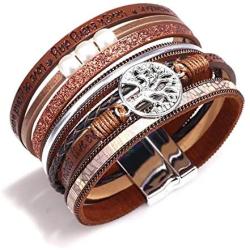 MallDou Jewelry Tree of Life Wrap Boho Leather Wide Cuff Handmade Wristbands Braided Magnetic Buckle Bangle Bracelet Gift for Women Girl