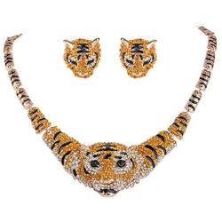 EVER FAITH Austrian Crystal Enamel Big Tiger Head Necklace Stud Earrings Set