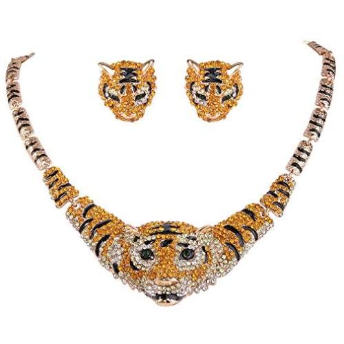 EVER FAITH Austrian Crystal Enamel Big Tiger Head Necklace Stud Earrings Set