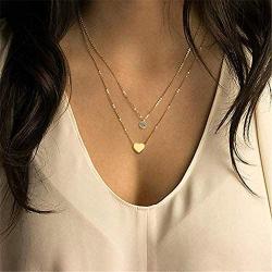 WangGao Stainless Steel Dainty Double Layer Chain Choker Pendant Necklace for Women Girls
