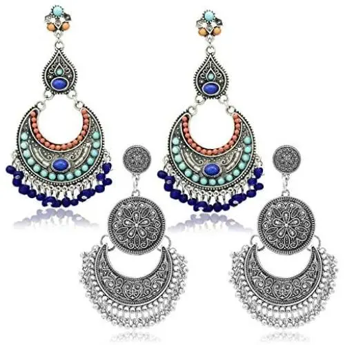 RechicGu 2 Pairs Ethnic Gypsy Crescent Jhumka Jhumki Chandelier Earrings Bohemian Ear Studs Indian Lotus Mexico Big Dangle Gift RechicGu 2 Pairs Ethnic Gypsy Crescent Jhumka Jhumki Chandelier Earrings Bohemian Ear Studs Indian Lotus Mexico Big Dangle Gift