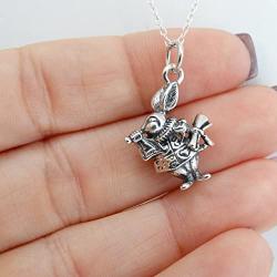 FashionJunkie4Life Sterling Silver 3D White Rabbit Charm Necklace, 18'' Chain, Alice in Wonderland Character