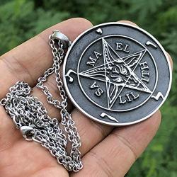 Church of Satan Jewelry Sigil of Baphomet SAMAEL-LILITH Inverted Pentacle Pentagram Star Satanic Devil LaVeyan Satanism Wicca Witchcraft Pewter Mens Pendant Necklace charm men w Stainless Steel Chain