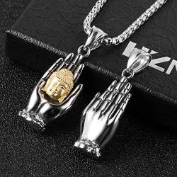 HZMAN Men Women Meditation Buddha Necklace Stainless Steel Head & Praying Hand Pendant Necklace Yogi Jewelry