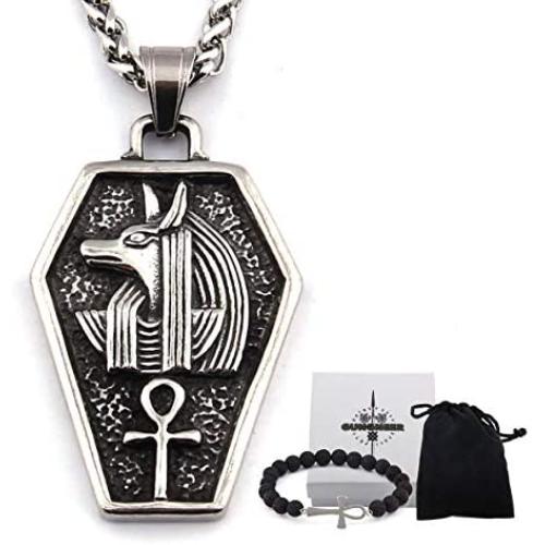 GUNGNEER Vintage Egyptian Jewelry Stainless Steel God Dead Anubis Pendant Ankh Cross Necklace Amulet Talisman Jewelry