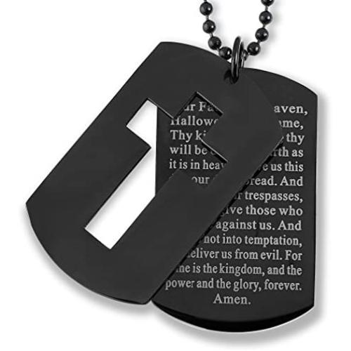 West Coast Jewelry Crucible Black Plated Stainless Steel Dog Tag Cross Necklace with Lords Prayer, Double Dog Tag Pendant, 24'' Chain
