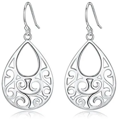 Sterling Silver Filigree Minimalist Design Of Peacock Dangle Drop Earrings For Sensitive Ears By Renaissance Jewelry