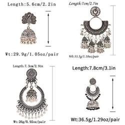 DOUVEI 4 Pairs/set Oxidized Bollywood Round Bell Tassel Jhumki Jhumka Earrings for Women Vintage Bells Tassel Dangle Ethnic Traditional Indian Egypt Gypsy Drop Earrings