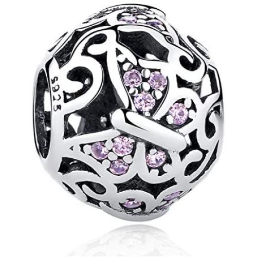 EvesCity Bolenvi 925 Sterling Silver Pink Crystal Filigree Butterfly Ball Charms Beads Pendants for Charm Bracelets & Necklace - Best Gift for Her