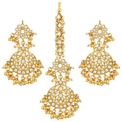 Aheli Exquisite Design Colored Faux Kundan Chandbali Earrings Maang Tikka Set Ethnic Indian Jewelry for Women