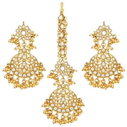 Aheli Exquisite Design Colored Faux Kundan Chandbali Earrings Maang Tikka Set Ethnic Indian Jewelry for Women