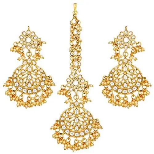 Aheli Exquisite Design Colored Faux Kundan Chandbali Earrings Maang Tikka Set Ethnic Indian Jewelry for Women