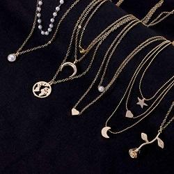 GYSONG Layered Necklaces for Women Long Necklaces Love Heart Moon Star Rose Pearl Layered Y Pendant Necklace Multilayer Simple Gold Choker Clavicle Chain Girls Jewelry Valentines Gift 9 Pieces