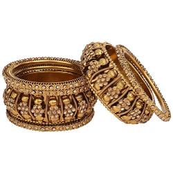 Efulgenz Boho Vintage Antique Gypsy Tribal Indian Oxidized Gold Plated Pearl Crystal Bracelets Bangle Set (6 Pc)