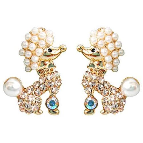 Navachi 18k Gold Plated Crystal Pearl Dog Poodle Stud Earrings