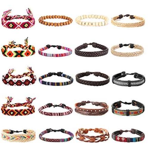 Thunaraz 20Pcs Braided Bracelets for Men Women Ethnic Tribal Bracelets Boho Hemp String Strand Bracelet