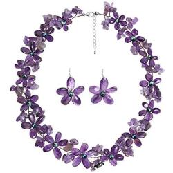 Cultured Freshwater Purple Pearls (Dyed) and Purple Quartz Flower Necklace-Earrings Jewelry Set