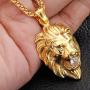 Jewelry Kingdom 1 Gold Lion Necklace Pendant for Men Women 18K Plated CZ Diamond with 24'' Stainless Steel Rope Chain (Medium Head Size)