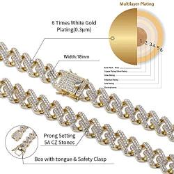 JINAO Hip Hop 14mm 6 Times Heavy 14K Gold Plated Miami Cuban Link Chain Choker for Men Full Iced out Prong Setting Bling CZ Rapper Necklace
