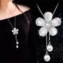 White Crystal Pendant Necklace Long Sweater Necklace Fashion Jewelry for Women Girls (5 Petals Flower Necklace)