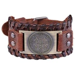 VASSAGO Gothic Pagan The Sigil of Archangel Uriel Seal of Solomon Amulet Metal Connector Brown Leather Bracelet