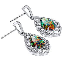 Peora Created Black Opal Dangle Earrings in Sterling Silver, Vintage Teardrop Design, Pear Shape, 12x8mm, 4.00 Carats total, Friction Backs
