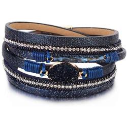 FANCY SHINY Leather Wrap Bracelet Boho Cuff Bracelets Crystal Bead Bracelet with Magnetic Clasp Jewelry Gifts for Women Teen Girls