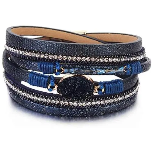 FANCY SHINY Leather Wrap Bracelet Boho Cuff Bracelets Crystal Bead Bracelet with Magnetic Clasp Jewelry Gifts for Women Teen Girls