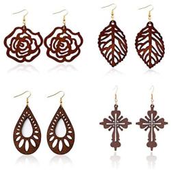 4 Pairs Engraving Geometry Drop Earrings Lightweight Ethnic Wood Earrings for Women Fashion Jewelry