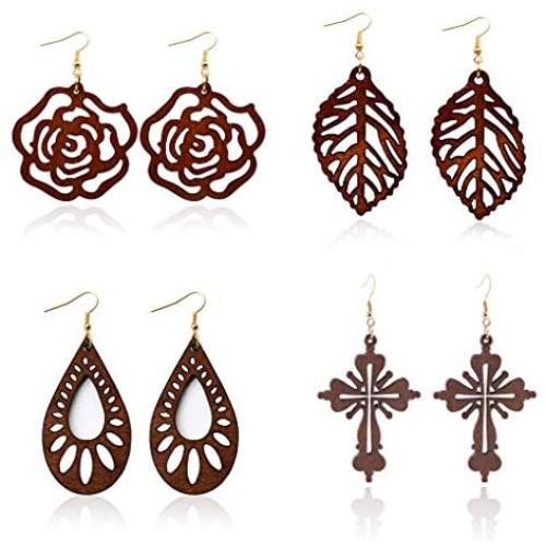 4 Pairs Engraving Geometry Drop Earrings Lightweight Ethnic Wood Earrings for Women Fashion Jewelry