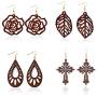 4 Pairs Engraving Geometry Drop Earrings Lightweight Ethnic Wood Earrings for Women Fashion Jewelry