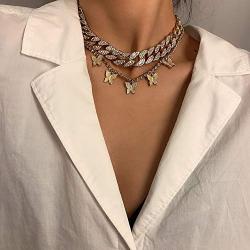 Denifery Butterfly Cuban Link Chain Necklace Butterfly Choker Pendant Necklace Set Women Hip Hop Choker Necklace Punk Jewelry for Women Girls (Silver D)