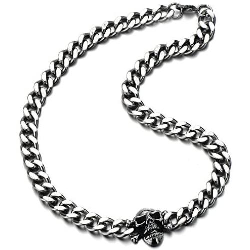 COOLSTEELANDBEYOND Mens Stainless Steel Curb Chain Skull Necklace Silver Color Gothic Style 30.3MM 22 inches