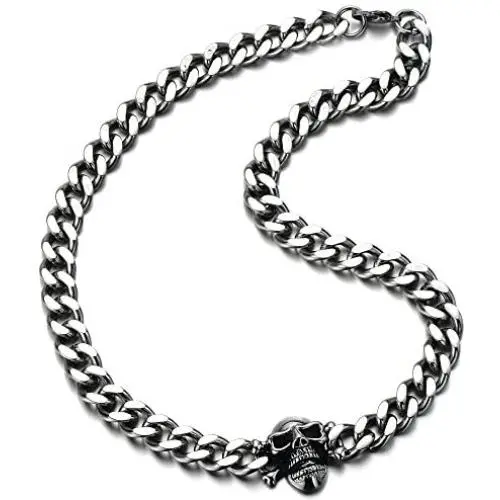 COOLSTEELANDBEYOND Mens Stainless Steel Curb Chain Skull Necklace Silver Color Gothic Style 30.3MM 22 inches COOLSTEELANDBEYOND Mens Stainless Steel Curb Chain Skull Necklace Silver Color Gothic Style 30.3MM 22 inches
