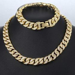 HUAMING 13mm Mens Iced Out Chain Necklace Hip Hop Gold Tone CZ Miami Cuban Link Chain Choker Necklace 18-26inchs