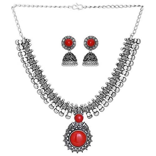 Jwellmart Indian Oxidized German Silver Stone Work Statement Choker Necklace Earrings Combo Fashion Jewelry Set for Women and Girls