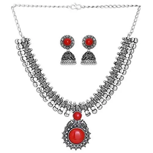 Jwellmart Indian Oxidized German Silver Stone Work Statement Choker Necklace Earrings Combo Fashion Jewelry Set for Women and Girls