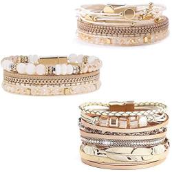 Wovanoo Leather Wrap Bracelet Set 3Pack Wrist Cuff Bracelet for Women Girls Multilayer Magnetic Clasp Bracelet Feather Tree Bead Crystal Bracelet