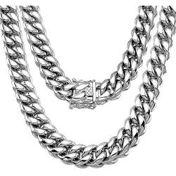 Jewelry Kingdom 1 Cuban Chain Necklace or Bracelet Silver 15MM Chunky Heavy Stainless Steel Miami Curb Link Jewelry 8-30 inch