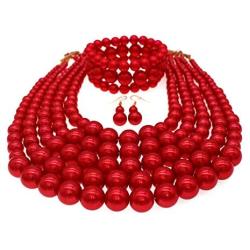 JNF Multi Layer Pearl Strand Costume Jewelry Sets Pearl Statement Necklace Bracelet and Earrings for Women