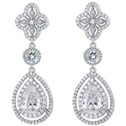 Scarlvambo Womens Luxury Cubic Zirconia Teardrop Pierced Dangle Bridesmaid Earrings Silver-Tone Clear